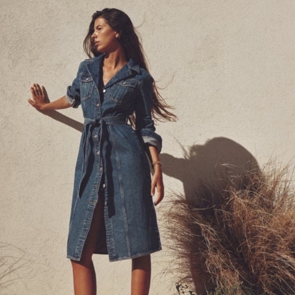 Zara Buttoned Denim Midi Dress with Tie Waist